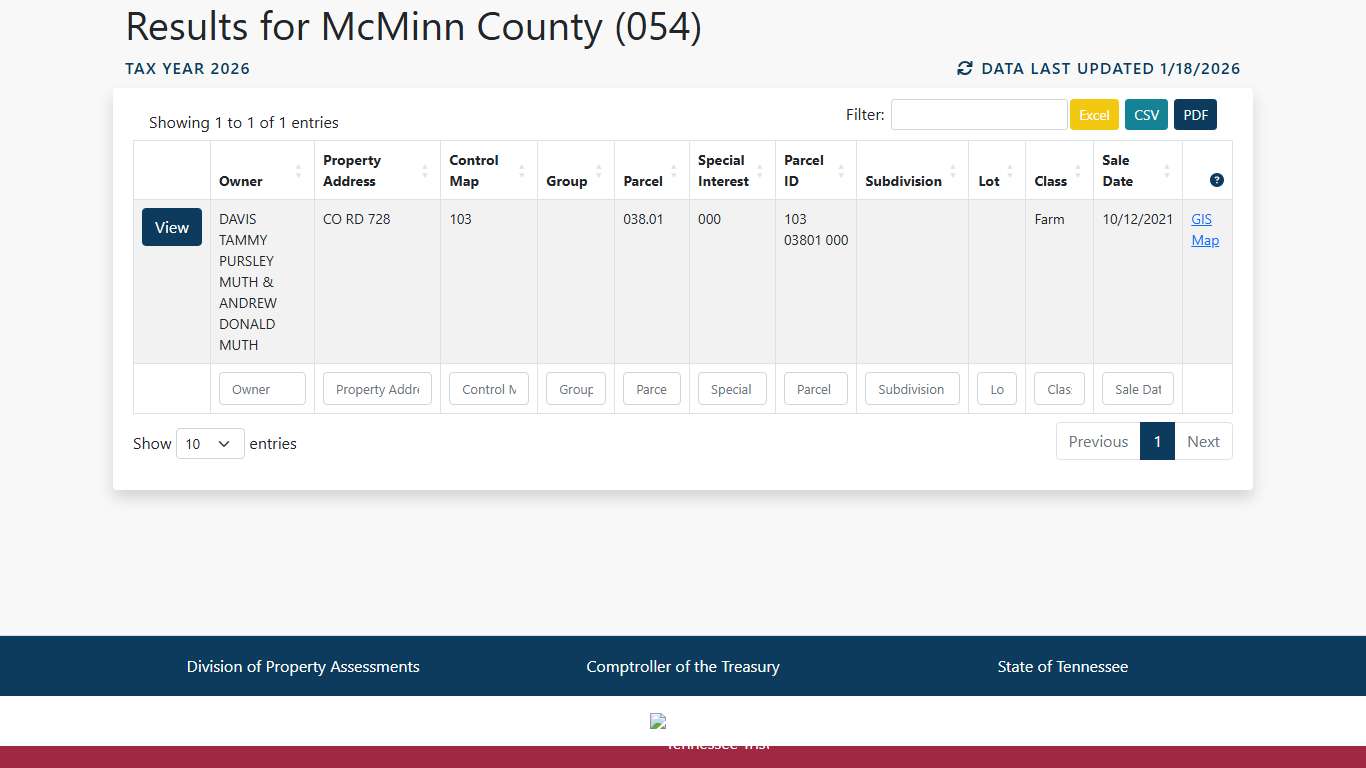 Tennessee Property Assessment Data Search Results